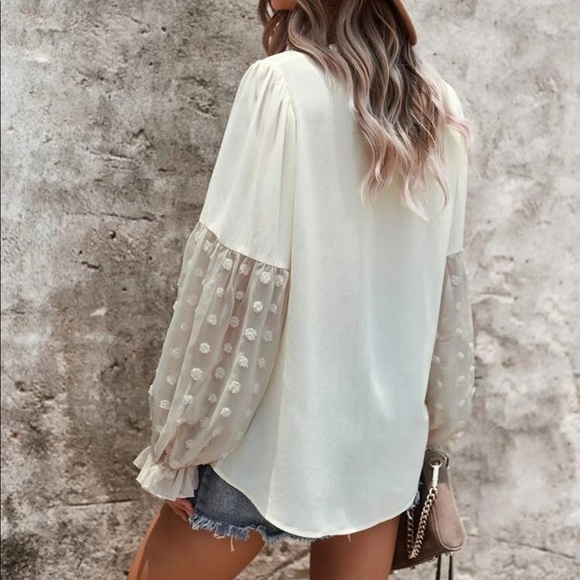 Boho Swiss dot frill trim tie neck blouse blue - Picture 8 of 16